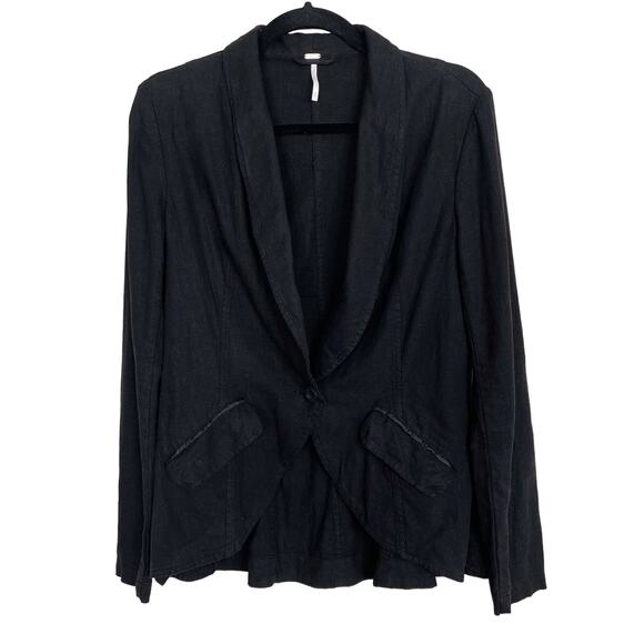 Free People Linen Blend Blazer Black XSmall XS Single Button Casual Lightweight - Picture 1 of 9